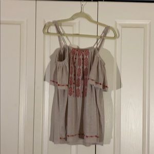 Embroidered, flowy off the shoulder top